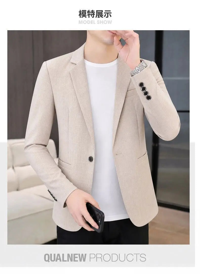 Men's Single-Breasted Blazer Smart Casual Slim Fit Jacket for Men Spring Autumn Blue Khaki Black