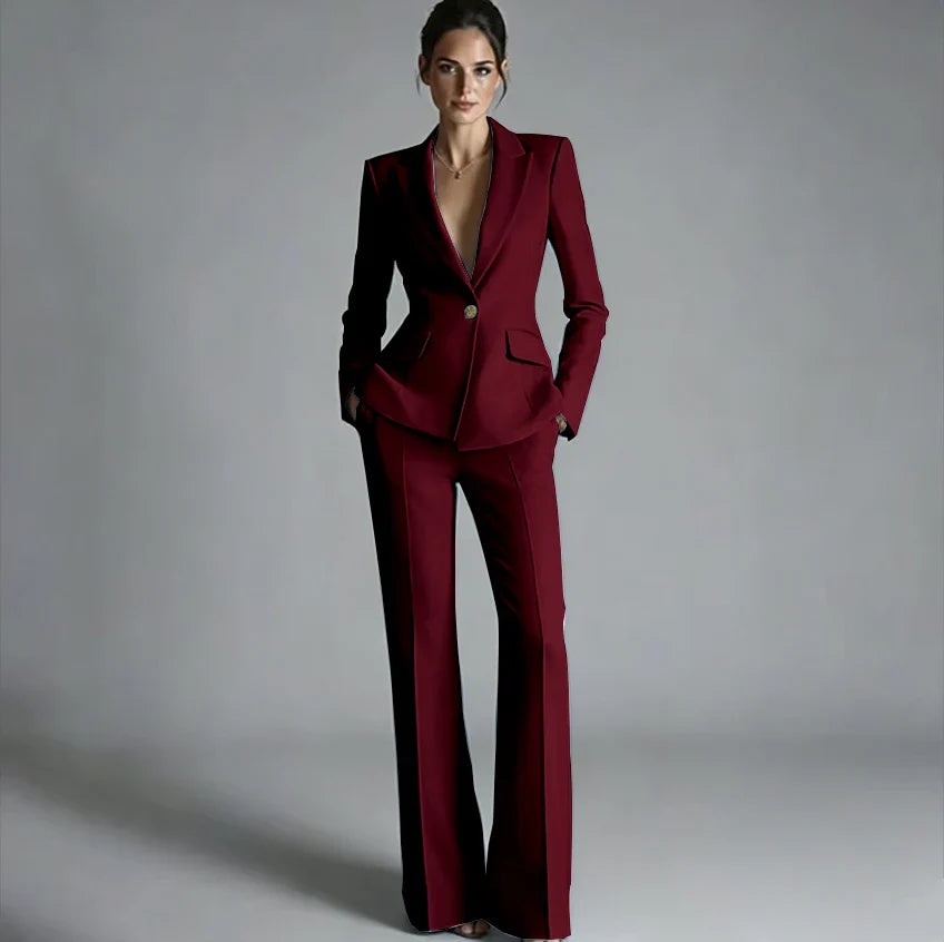 Elegant Women's One-Button Jacket+Pants Suit Set Classic Pink Peaked Lapel 2 Piece Formal Business Wedding Guest Outfit