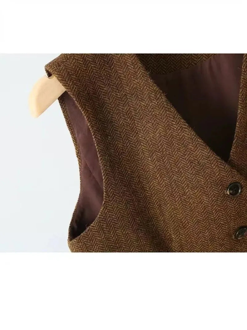 2025 British Style Retro Suits Vests Spring Autumn V-neck Herringbone Pattern Women's Sleeveless Jacket New Blazers Waistcoat