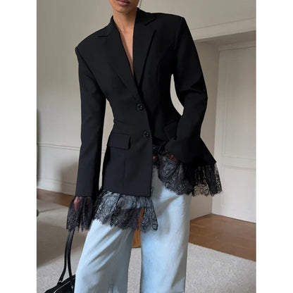 Elegant Black Lace Splice Long Sleeve Women's  Commute Style Fashion Design Polyester Fabric Business Casual Coat