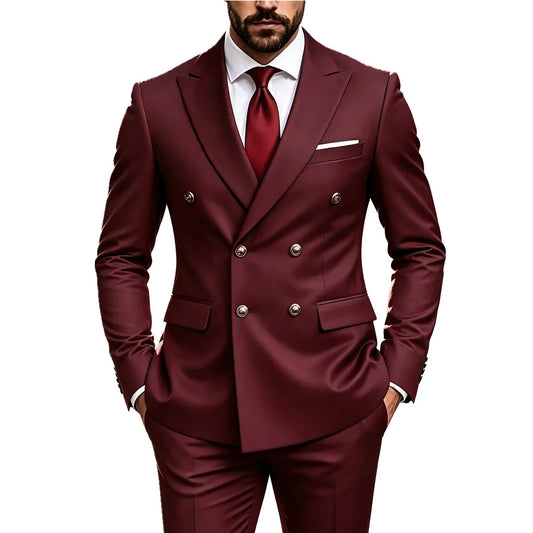 Men's Peak Lapel Double Breasted Golden Button Flap Pocket Business Commute Suit  Men Trending Luxury Formal Slim Fit Groom Suit