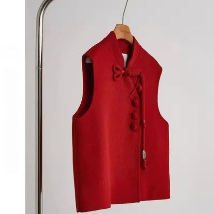 2025 Spring Chinese Style Red Vest Disc Buckle Sleeveless Vest Short Jacket Elegant Chic Women's Tweed Waistcoat