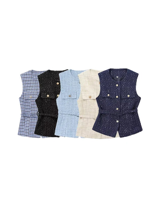 Women's Tweed Waistcoat with Belt, O Neck, Sleeveless, Front Button, Female Outerwear, Chic Tops, Fashion