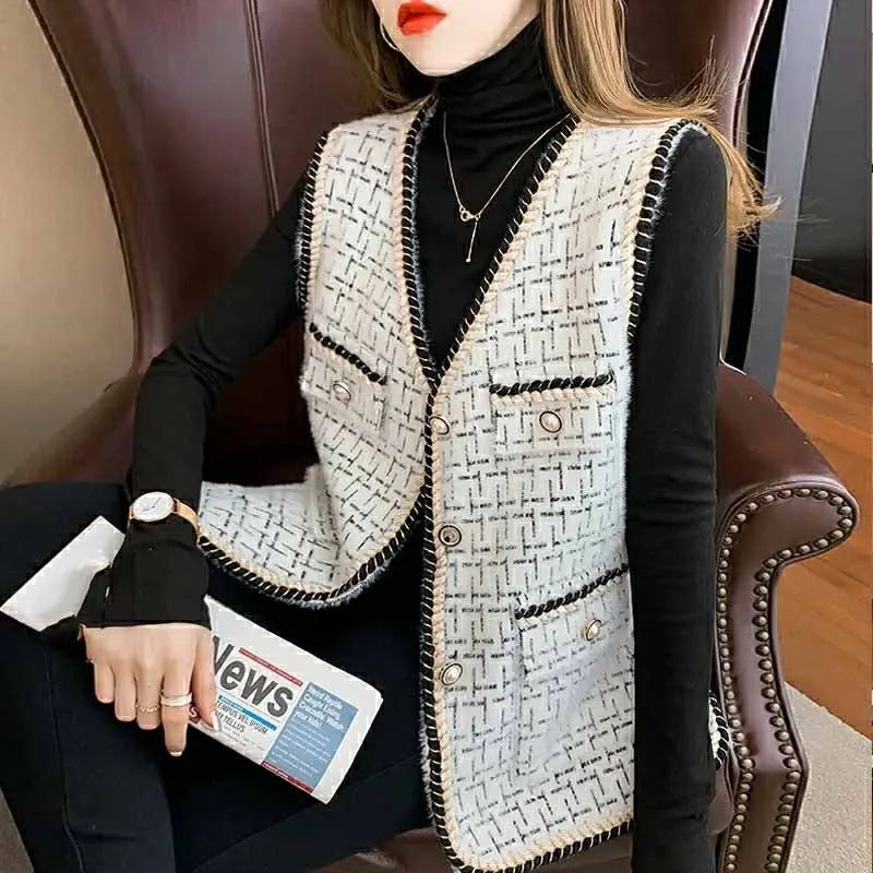 Women V-neck Tweed Sleeveless Vest Female Splicing Together Waistcoat Top Autumn Lady Lmitation Mink Fur Vest Jacket