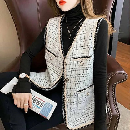 Women V-neck Tweed Sleeveless Vest Female Splicing Together Waistcoat Top Autumn Lady Lmitation Mink Fur Vest Jacket