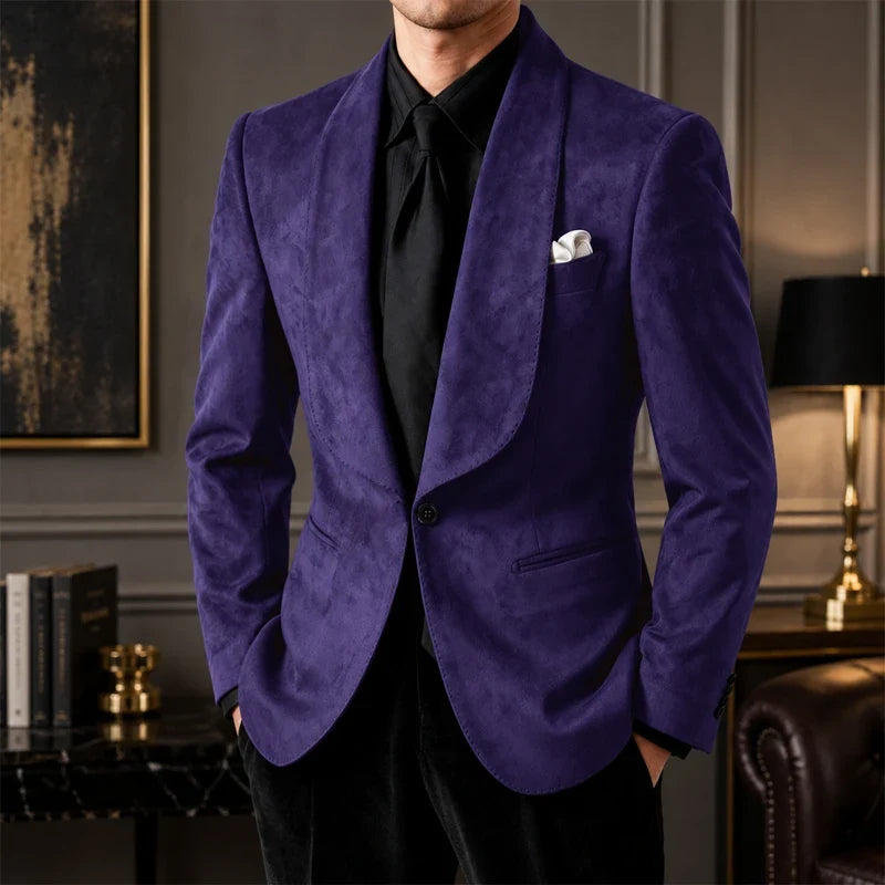 Luxury Men's Faux Suede Blazer Shawl Lapel 1 Button Slim Fit Tuxedo Jacket Business Casual For Wedding Party Prom Suit Coat