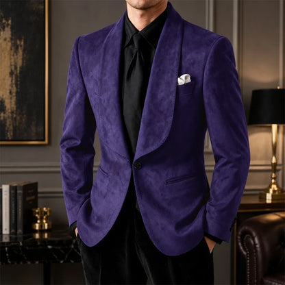 Luxury Men's Faux Suede Blazer Shawl Lapel 1 Button Slim Fit Tuxedo Jacket Business Casual For Wedding Party Prom Suit Coat