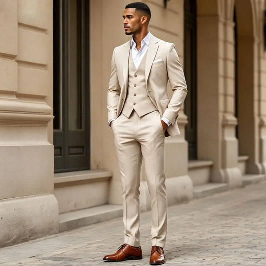 Men Suit Beige 3 Pieces Solid Single Button For Wedding Birthday Banquet Party Business Work Office Set Jacket Vest With Pants