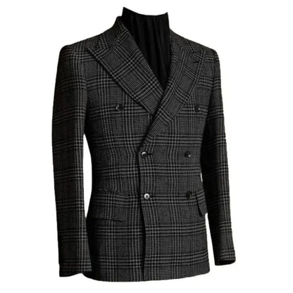Autumn Winter Houndstooth Men's Long Coat Double Breasted Classic Jacket for Wedding Formal Blazers Groom Business Tuxedos