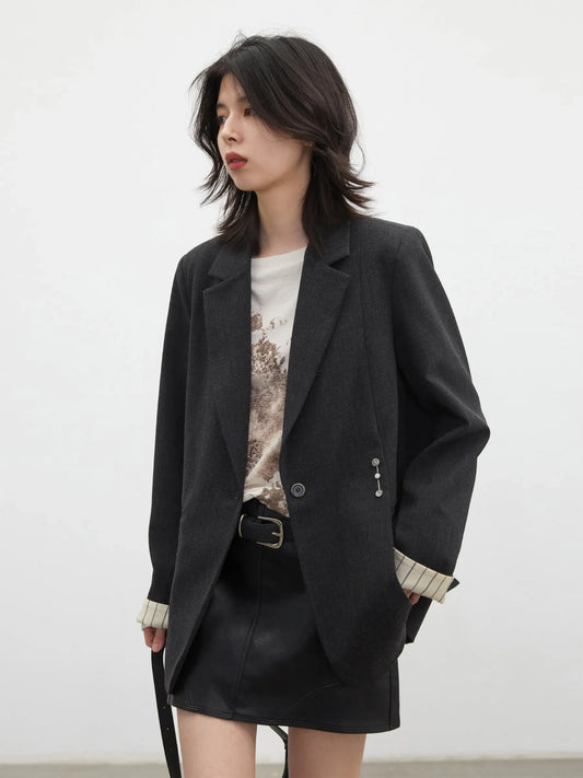 New Women Blazer Coat Single-breasted Loose Casual Contrasting Cuffs Office Ladies Suit Jacket Spring Autumn 2026