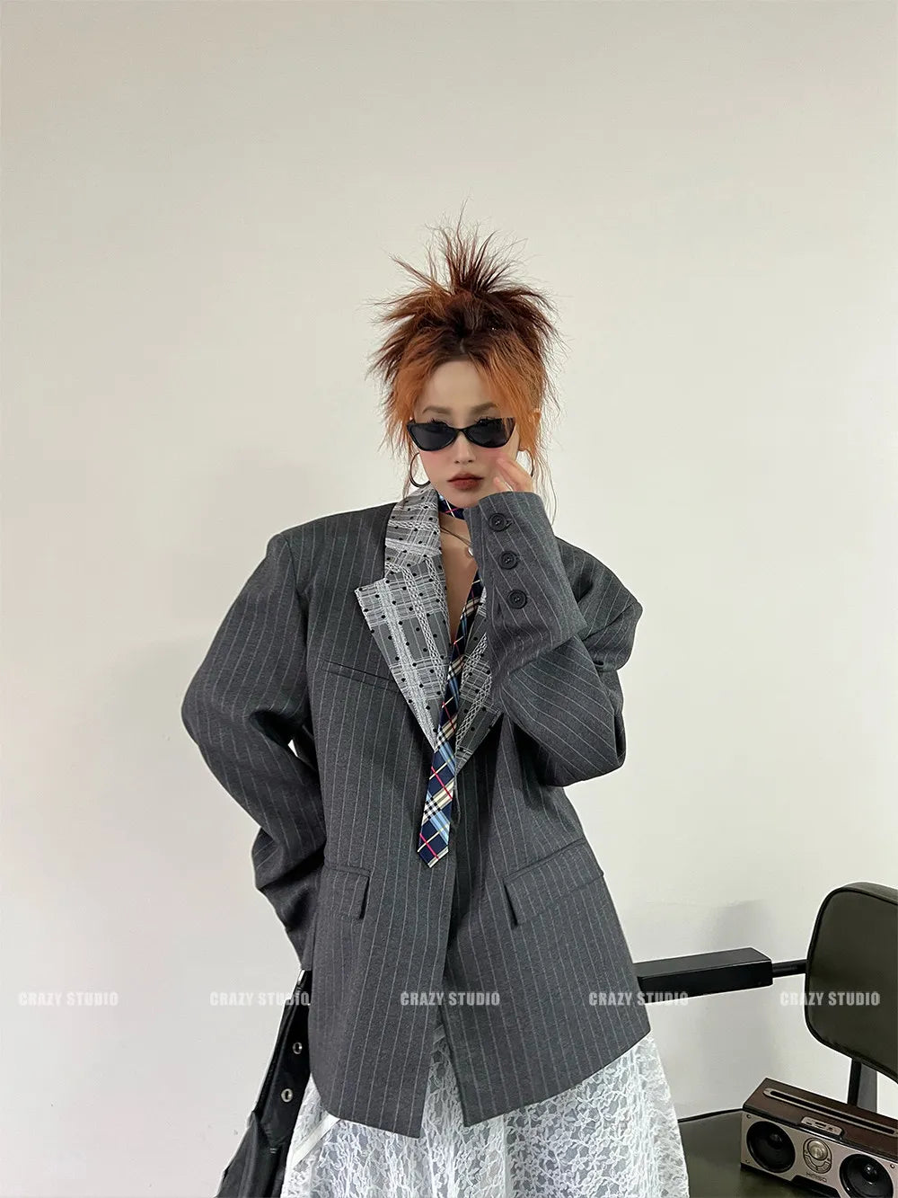 Women's Dark Grey Striped Blazer Jacket Y2k 2000s Vintage Suit Coat Fashion Casual Long Sleeve V-Neck Oversize Outerwear Autumn