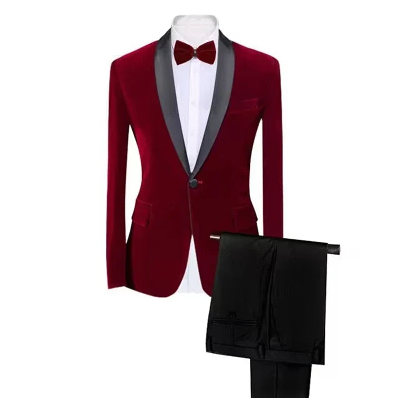 Costume en velours pour homme, coupe ajustée, 2 pièces, revers châle/cranté, pour affaires, mariage, fête, veste et pantalon