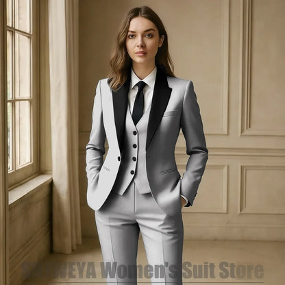 Women Royal Blue 3 Piece Tuxedo Suit Blazer Vest Pants with Black Lapel Slim Fit Formal Party Business Office Outfit