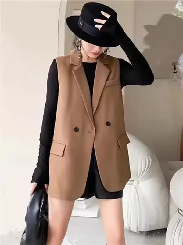 Vintage Sleeveless Suit Vest Fashion Casual Lapel Suit Waistcoat 2025 Summer Women Office Double Breasted Split Back Outwear