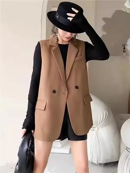 Vintage Sleeveless Suit Vest Fashion Casual Lapel Suit Waistcoat 2025 Summer Women Office Double Breasted Split Back Outwear