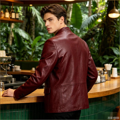 Men Premium Leather-Like Stand Collar Jacket Single Breasted Casual Multi-Pocket Slim Fit Business Outerwear