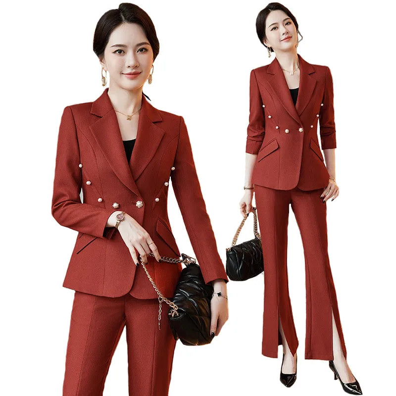 Office Lady Formal Blazer Pants Suits 2 Piece Matching Set Conjuntos Para Mujeres Plus Size Jacket Split Flare Pants Sets New