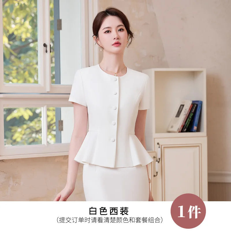 2025Summer Blue Short Sleeve Blazer Suit Professional Women's Skirt Set Short Skirt Elegant Fashion Formal Workwear