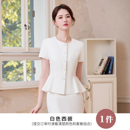 2025Summer Blue Short Sleeve Blazer Suit Professional Women's Skirt Set Short Skirt Elegant Fashion Formal Workwear