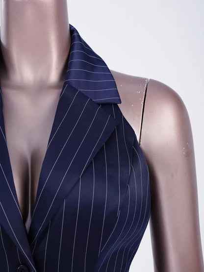 Women Striped Tailcoat Vest Waitress Waistcoat Sleeveless Jazz Dance Swallowtail Jacket Tuxedo Halloween Magic Cosplay Costume