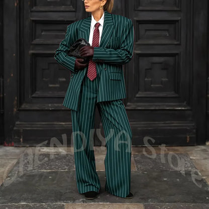 Burgundy Striped Casual Women Suit Two Pieces Jacket Pants Loose Fit Peak Lapel Blazer Set Evening Party Prom Lady Outfit