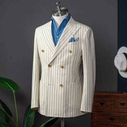 New Men's Suit One Piece Blazer Double Breasted Peaked Lapel Pinstripes Formal Tuxedo Work Wedding Groom Tailored Costume Homme