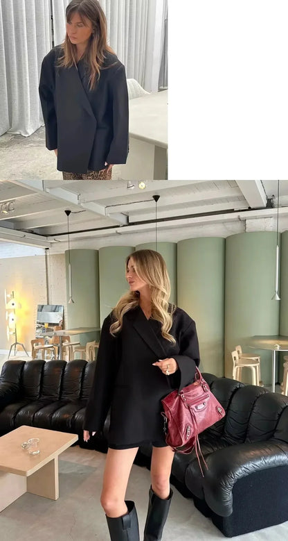 Cross-Border Women's Fashion Color Block Lapel Side Buttoned Suit Jacket Princess Style Loose Fit Long Sleeve Regular Length