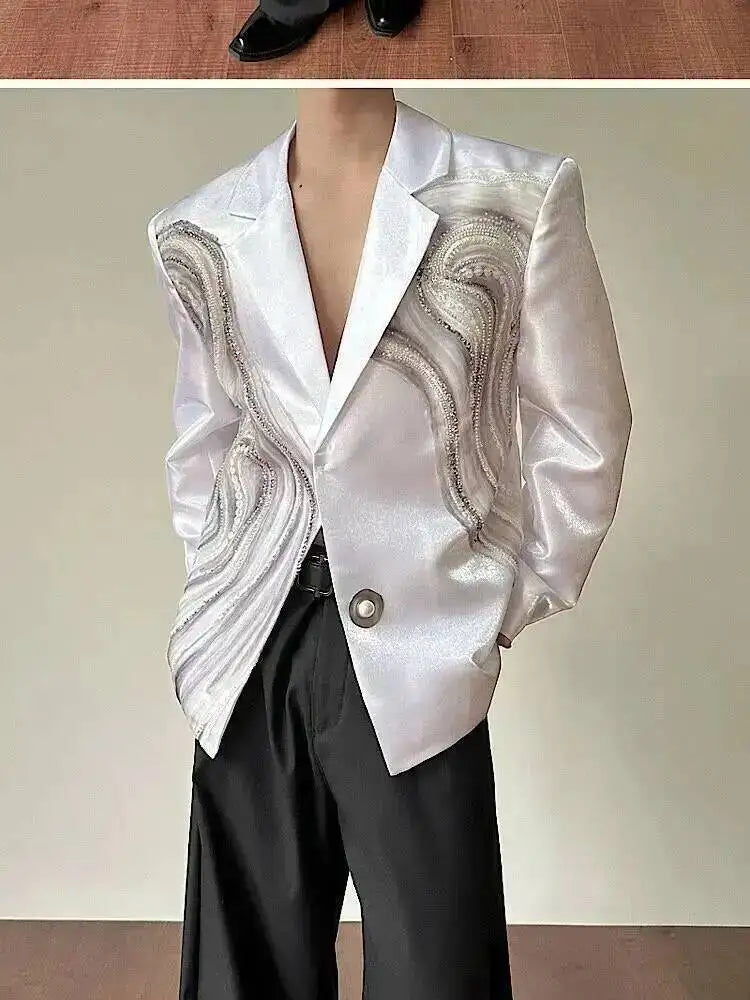 2026 New Original Luxury Temperament Sequin Gauze Patchwork Design Blazer Coat Men Elegant Handsome Casual Jacket JY7013