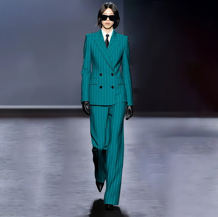 Dark Blue Stripes Women Suit Customized Double-breasted Peak Lapel Two Pieces(Jacket+Pants) Business Office Lady Competent Set