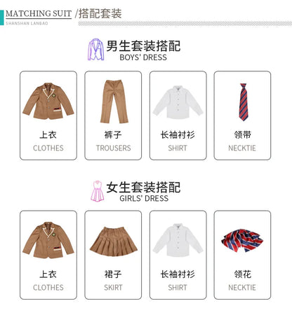 Boys School Uniform Girls Jacket Khaki Skirt Shirt Tie Suits Kids Formal Dress Tuxedo Toddler Clothes Sets Child Student Outfits