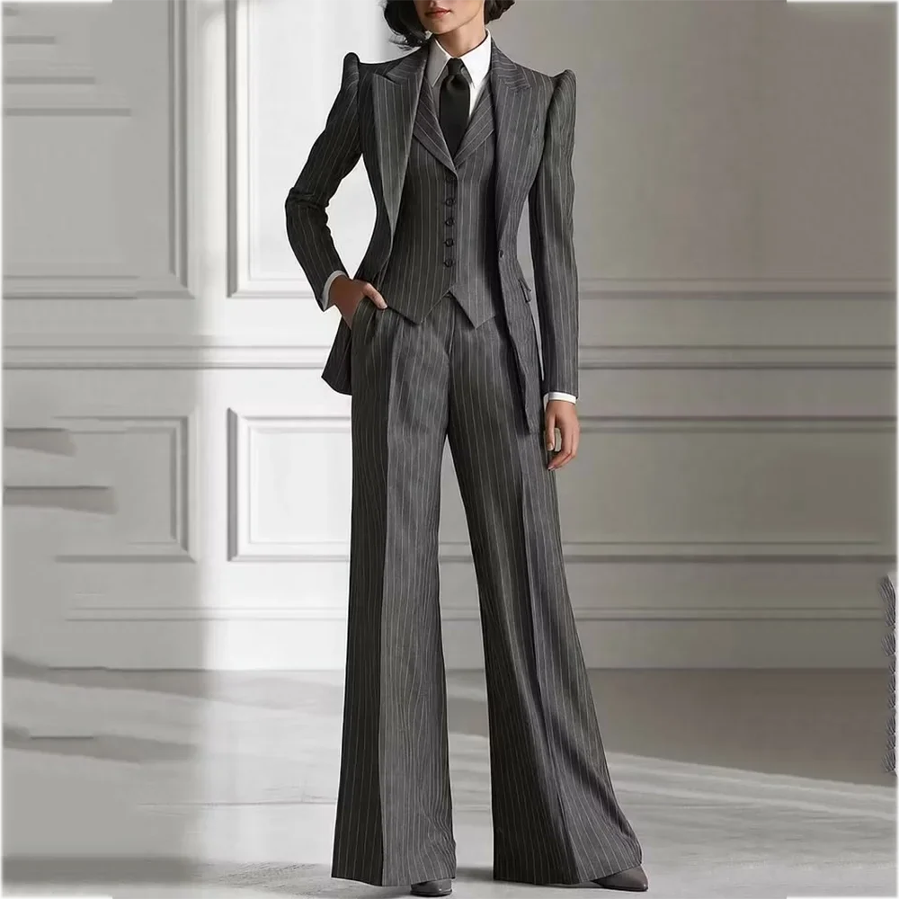 Classic Fit Grey Stripe Women's Suits Structured Shoulder Slim Peak Lapel Luxury Formal Female Clothing Blazer Vest Pants