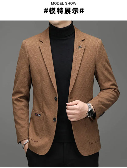 Men's Blazer Smart Casual Single-Breasted Suit Jacket for Business and Leisure – Brown, Khaki, Wine Red, Black
