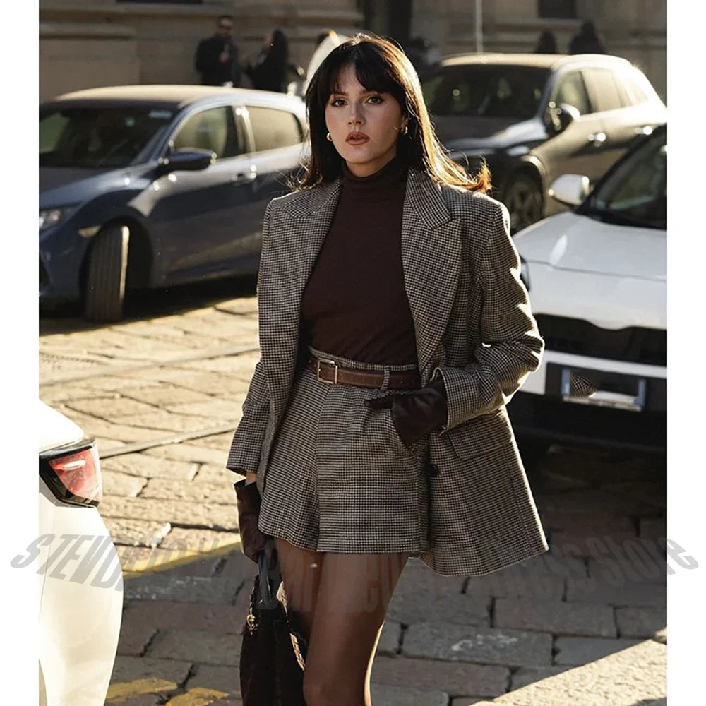 Hot Sale Women's Short Suit Set Brown Houndstooth Peaked Lapel Tailored Vintage 2 Piece Outfit High Street Elegant Casual Wear