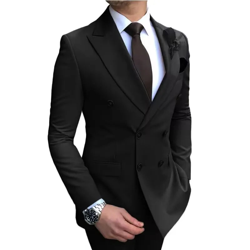 Formal Men's Suits 2 Pieces Jacket Pants Handsome Peak LapelDouble Breasted Suit Set For Men Groom Tuxedo Party Prom Hot Sale