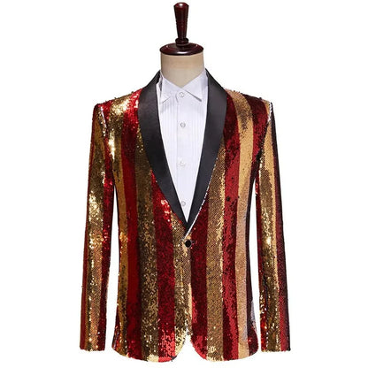 Men's Luxury Sequins Suit Jacket Double Side Stripes Trendy Blazers Banquet Evening Party Singer Host Stage Performance Tuxedo