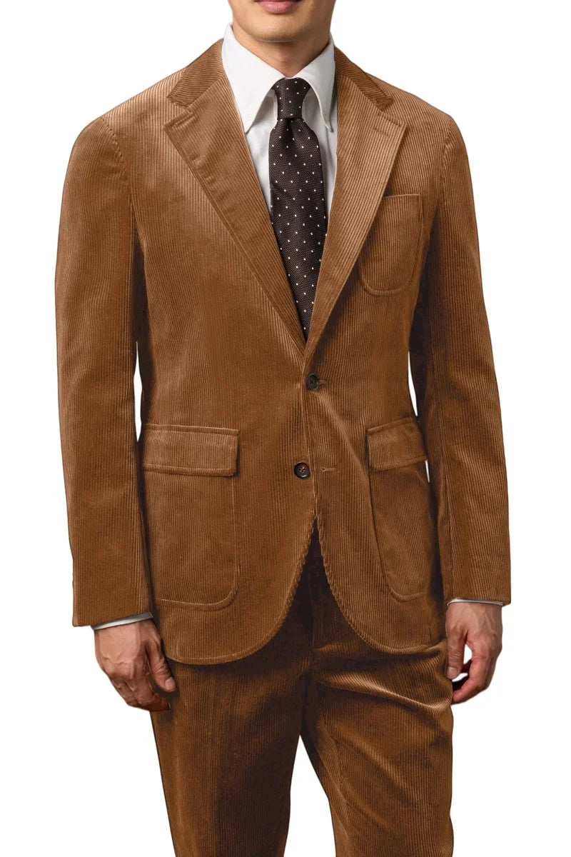 Men's Corduroy 2-Piece Suit – Classic Single Breasted Blazer & Pleated Pants for Wedding & Formal Occasions