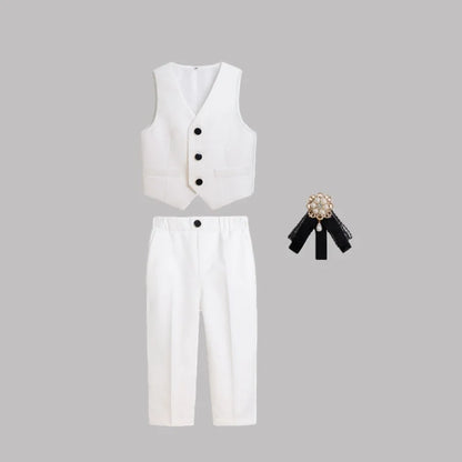 Boys Pure White Suit Set Kids Wedding Birthday Ceremony Party Performance Costume Childre's Piano Performance Costume