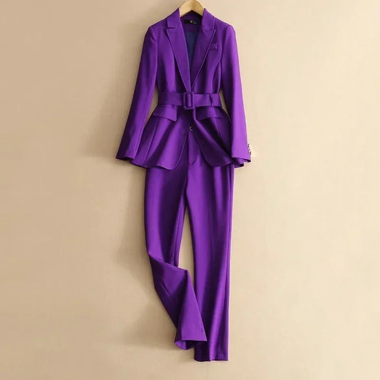 Two Piece Formal Suits Fashion Suit Office Ladies Women's Pantsuit Purple Business Classic with Belt Blazer Straight Pants Set