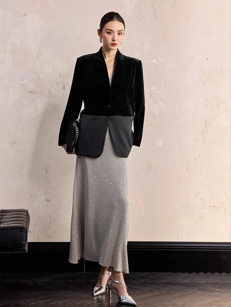 One Button Velvet Spliced Women Blazers Contrast Color Suit Jacket V-Neck Work Lady Loose Fit Outerwear Long Sleeve Autumn Coat