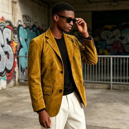 Men's Faux Suede Blazer – Retro Notched Lapel Single-Breasted Jacket for Wedding, Business & Daily Wear