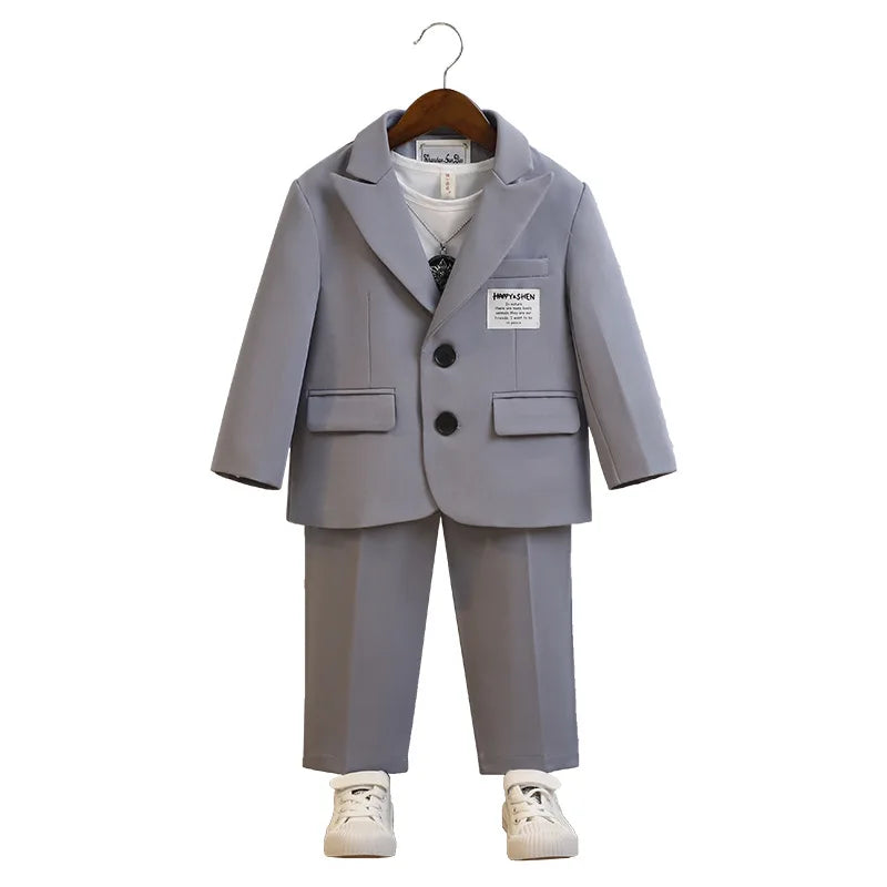 Kids Pure White Casual Suit Set Boys 3Pieces Wedding Dress With Jacket Pants Necklace Flower Kids Piano Performance Costume