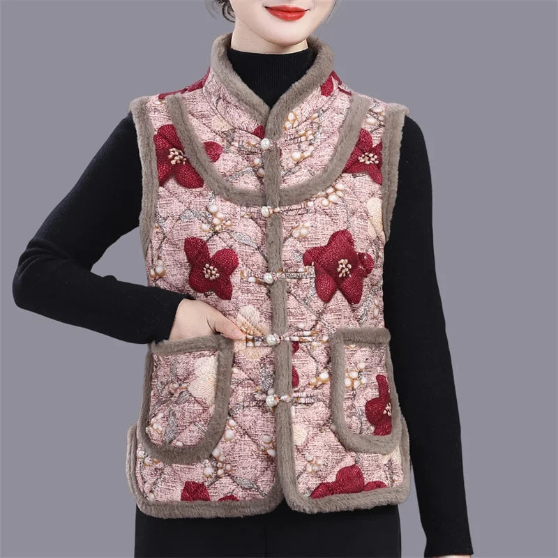 Middle-aged Mother Add Velvet Warm Vest Coat Autumn Winter New Printed Fleece Sleeveless Jacket Grandma Thicken Warm Waistcoat