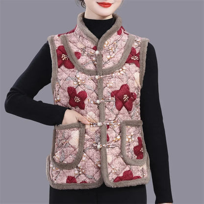 Middle-aged Mother Add Velvet Warm Vest Coat Autumn Winter New Printed Fleece Sleeveless Jacket Grandma Thicken Warm Waistcoat