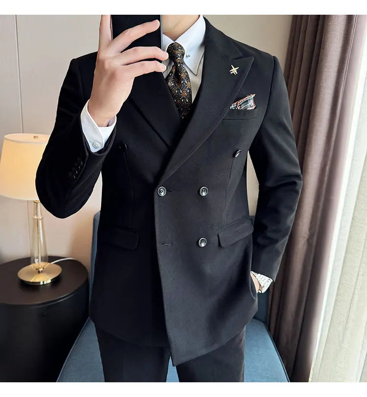 (Jacket+Pant) Autumn Winter Thickened Woolen Suit 2025 New High Quality Slim Business Tuxedo Fashion Wedding Social Suits