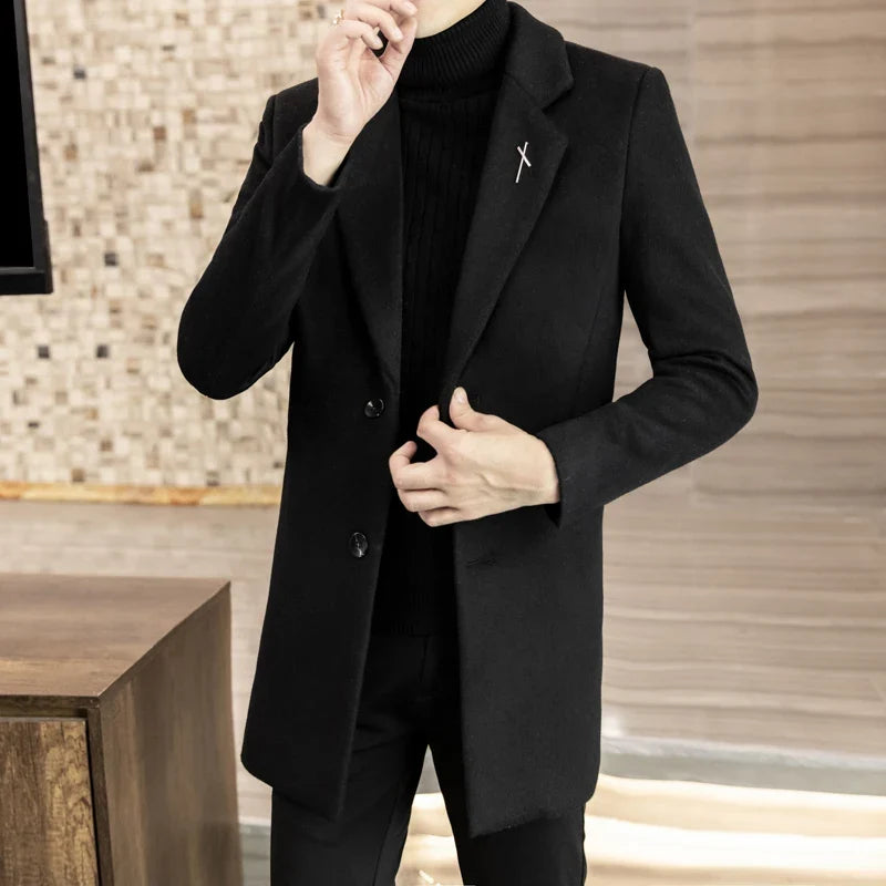 High-quality men's fashionable and stylish mid-length solid color woolen and cotton thick coat for autumn and winter