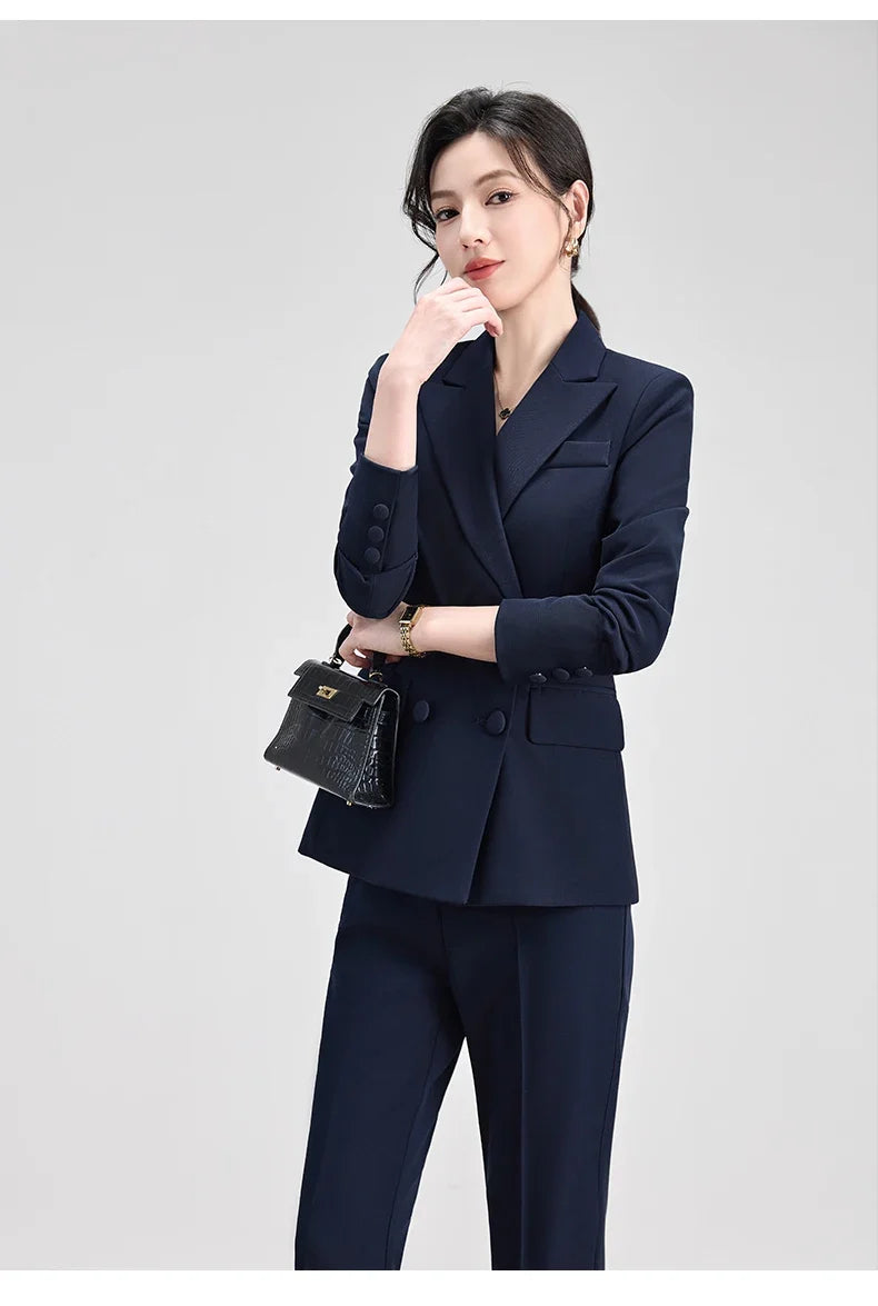 Elegant Chic Business Formal Blazer Suit Pants 2 Piece Matching Sets Women 2026 Autumn Office Lady Outfit Blue Work Wear