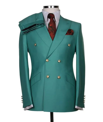 Men's Serge Suit 2 Piece Double Breasted Slim Fit Peak Lapel Gold Button High Quality Formal Blazer Pants Formal Business Weddin
