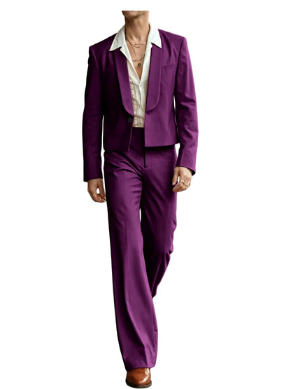 Men's 2-Piece Suit Set – Cropped Blazer & High Waist Flare Pants | Shawl Lapel Tuxedo for Formal & Party Occasions