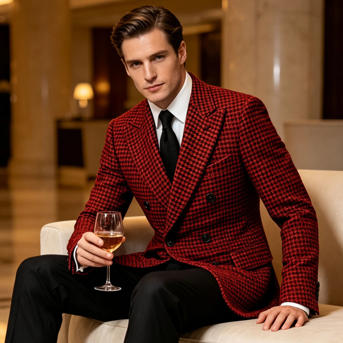 Men's Double Breasted Houndstooth Suit Jacket Classic Slim Fit Groom Wedding Blazer