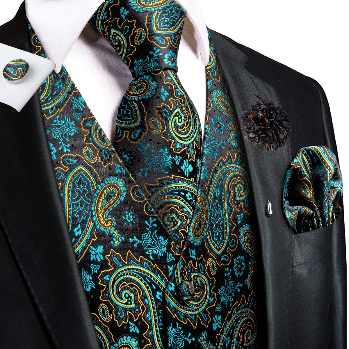 Men's Jacquard Waistcoat Suit Vest with Tie Hanky Cufflinks Brooch Set for Weddings and Business Events